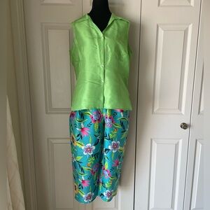 S. L. B. | 2 Piece pant suit Silk. Tropical Large/12 Cruise. Madmen vintage look
